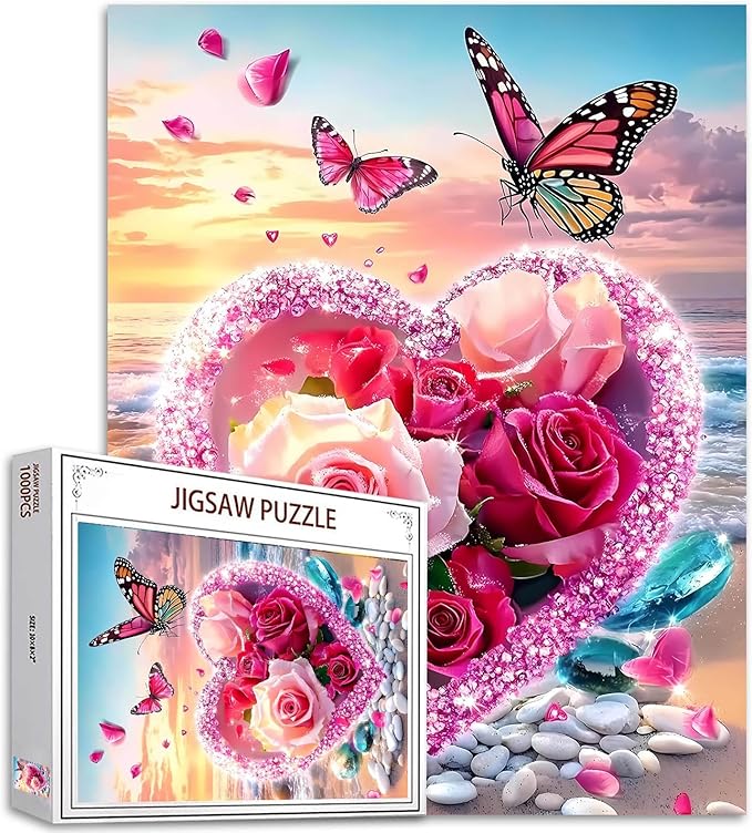 1000 Piece Jigsaw Puzzles for Adults Loving Heart Painting Jigsaw Puzzle Romantic Rose and Butterfly Puzzles for Challenging Family Activity Seascape Art Puzzle Wall Decor Boho Gift (Colorful)