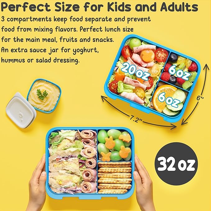Fimibuke Bento Lunch Box for Kids with Thermos, 3-Compartment 32OZ Snack Lunch Container, Lunch Bag, 12OZ Insulated Food Jar & Ice Pack Set for Age 3-12 School Daycare Toddler Teen Girls Boys, Fairies