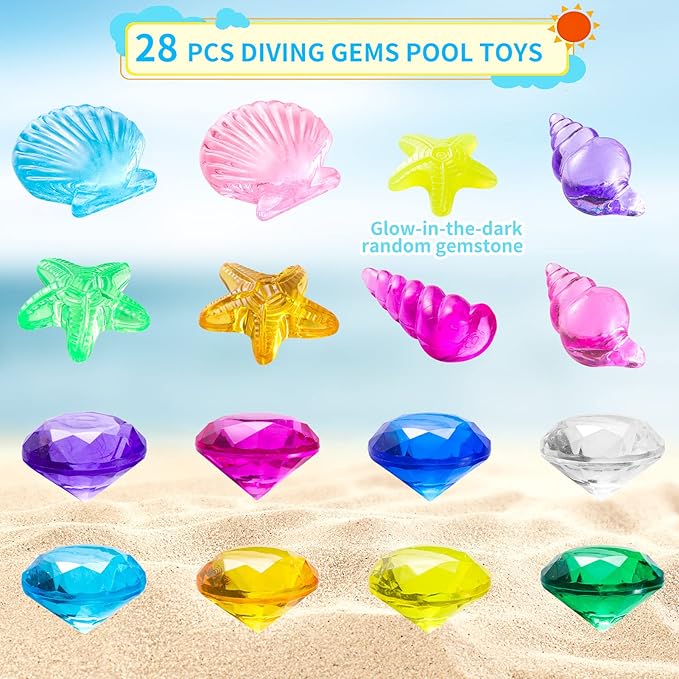28 Pcs Colorful Diving Gem Pool Toys Set with Treasure Pirate Box Swimming Gem Pirate Diving Toys Underwater Toy for Pool Use Treasures Sets (Multicolor 30-40mm)
