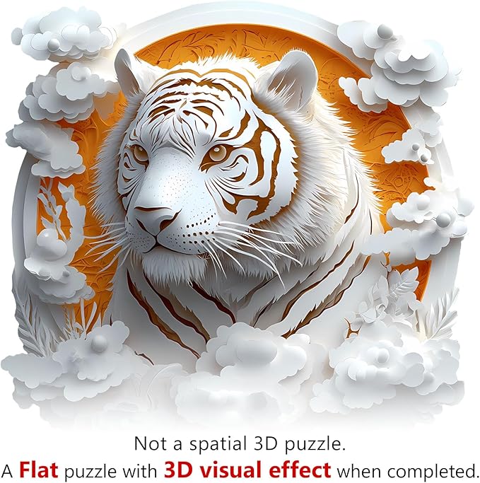 Wooden Puzzles for Adults, 3D Visual Effect Paper Tiger Puzzle, Wood Puzzles Adult, Unique Animal Shape, Paper Sculpture Modern Art Puzzle, Gifts for Friend, Canvas Wall Art (M-11.4 * 11.4in-200 pcs)
