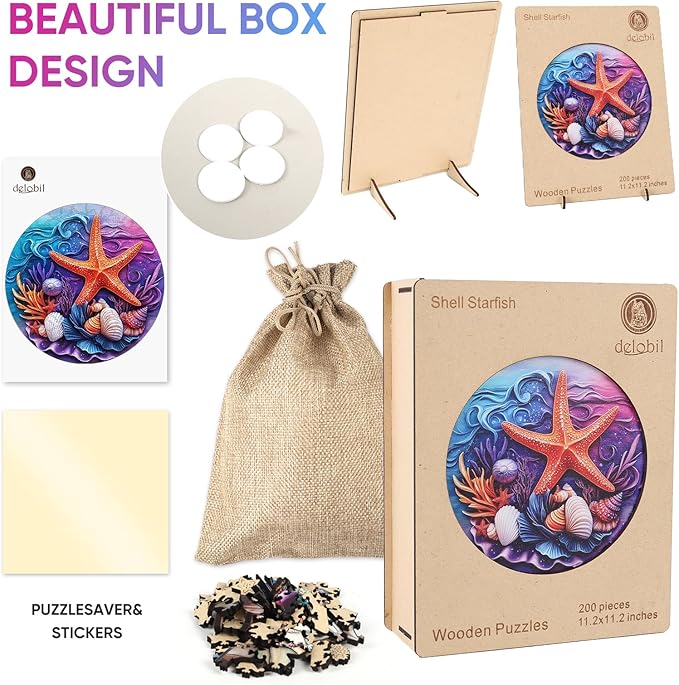 delobil Wooden Puzzles for Adults, Seashell Starfish Jigsaw Puzzles 200 Pieces, Unique Shape Summer Puzzles with Wooden Box, 11.2 x 11.2 Inches Family Puzzles Game Gift for Adults and Kids