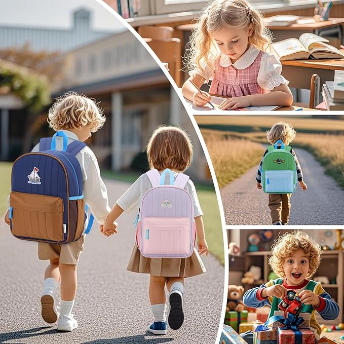 VASCHY Kids Backpack for Boys, Lightweight Quilted Color-blocked Bookbag Preschool Backpack for Kindergarten Children Navy Brown