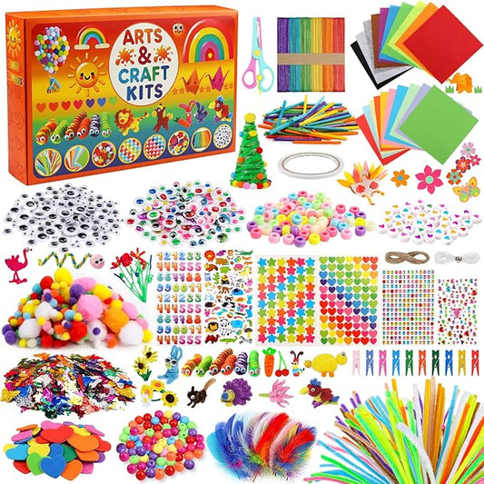 DOITEM Pipe Cleaners Craft Supplies, 2000Pcs Arts and Crafts Supplies Including Pipe Cleaner Wiggle Googly Eyes Pom Poms Feathers Sticks Sequins Foam Flowers Papers Felt Stickers Over 8 Years Old