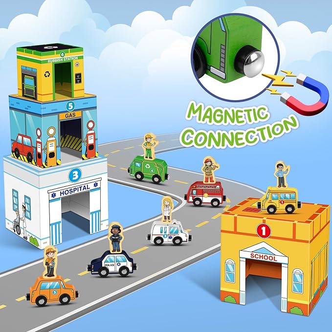 Aizweb Magnetic Wooden Vehicle Stacking Set,Sorting & Building STEM Blocks Cars Toys for Toddlers,Cardboard Educational Preschool Kindergarten Learning Montessori Toys for 1 2 3 Year Old Boys Girls