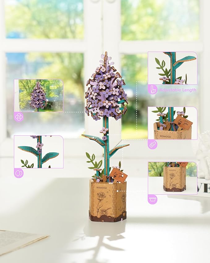 rowood 3D Puzzles for Adults,Wooden Artifical Flower Craft Kit,DIY Botanical Collection Building Toy Set,Mother's Day/Valentine's Day/Thanksgiving Day/Christmas/Birthday Gift -Lilac