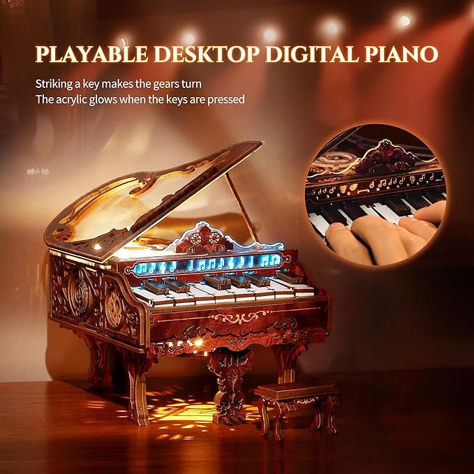 3D Wood Puzzle Piano Kit, Playable Wooden Keyboard Model with LED Lights, Interactive Craft Kit & Digital Piano Puzzle for Adults and Kids(with LED