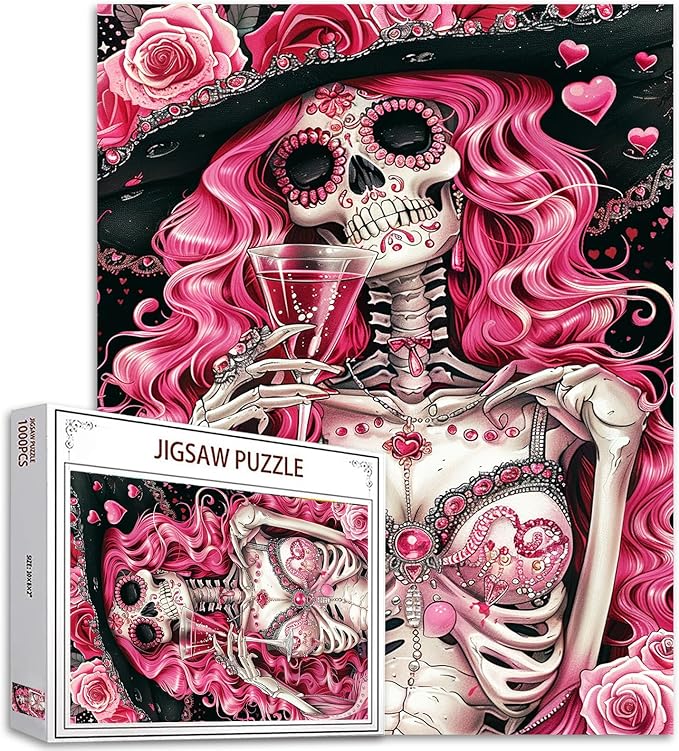 Tucocoo Skeleton Woman Jigsaw Puzzles for Adults 1000 Pieces, Pink Roses Glass Wine Skull Art Puzzle Colorful DIY Craft Puzzles for Home Decoration Gifts, Family Puzzle Perfect for Game Nights