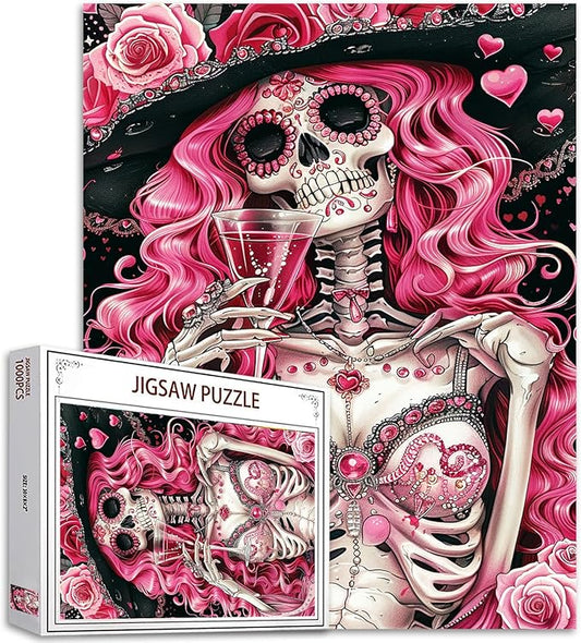 Tucocoo Skeleton Woman Jigsaw Puzzles for Adults 1000 Pieces, Pink Roses Glass Wine Skull Art Puzzle Colorful DIY Craft Puzzles for Home Decoration Gifts, Family Puzzle Perfect for Game Nights