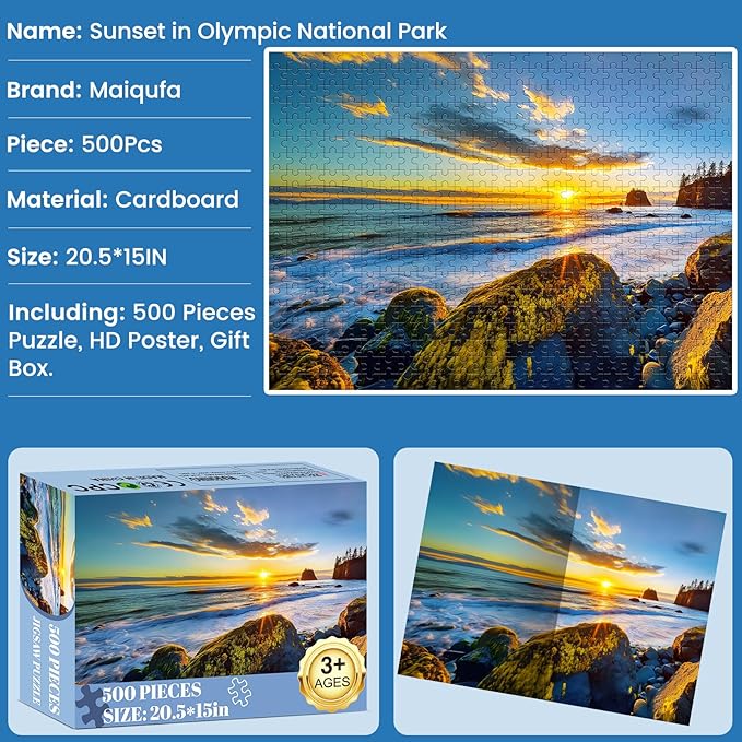 500 Pieces Puzzle for Adults - Olympic National Park Jigsaw Puzzle for Adults Kids Teens,Recycled Cardboard Sunset Beach Puzzle 500 Pieces,Challenging Game for Family Fun & Gift Idea,20.5 x 15 in
