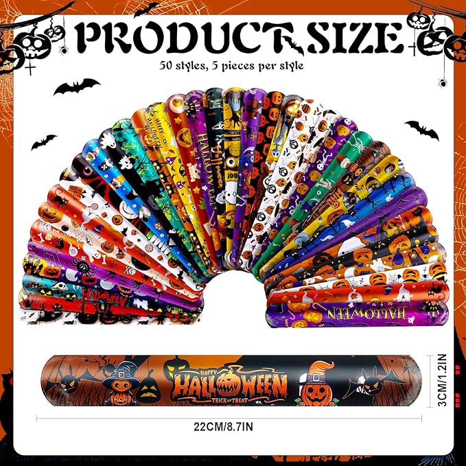 LUYI 250 PCS Halloween Slap Bracelets,Halloween Party Favors Supplies -50 Different Designs Bracelets Bulk for Halloween Decorations Treat Toys Bag Stuffers Gift