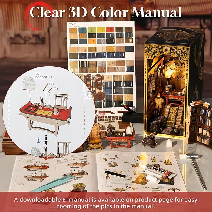 DIY Book Nook Kit for Adults, 3D Wooden Puzzle Bookend Bookshelf Insert Decor with LED Light and Dust Cover (The Emperor's Study)