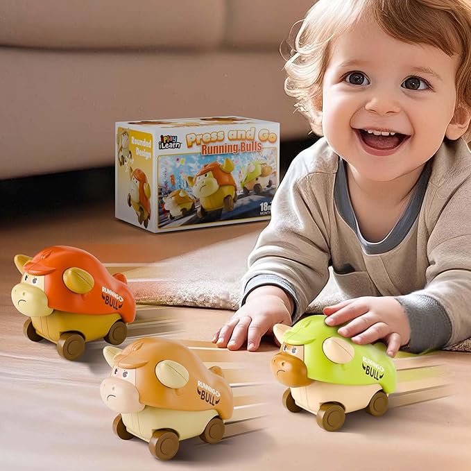 iPlay, iLearn Press to Go Car Toys for Toddlers, Baby Mini Animal Race Cars, 3pcs Infant Play Vehicle Set, Push Go Friction Bull Toys for 18 24 Month, Frist Birthday Gift for 2 3 Year Old Boys Girls