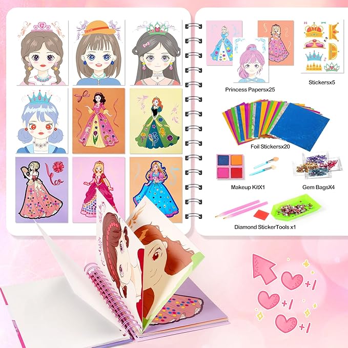 Tudaymol 4-in-1 Art & Craft Activity – DIY Dress Up Stickers, Makeup Kit, Foil & Gems Art, Creative Princess Fun, Costume Ideas & Accessories, Travel Toy, Gifts for Girls Ages 4-8-12