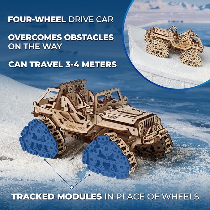 UGEARS Tracked Off-Road Vehicle - 4WD Model Vehicle Kits to Build - DIY 3D Car Model Puzzle with Spring Motor, 2 Driving Modes, Openable Hood with Engine - 3D Wooden Puzzles for Adults