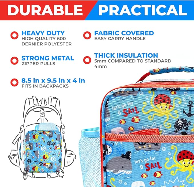 Bento Box with Thermo and Insulated Lunch Bag Set for Kids Boys Toddlers, 5 Compartment Lunch-box with Ice Pack and Utensil, For Hot and Cold Food, Soup, Blue Pirates