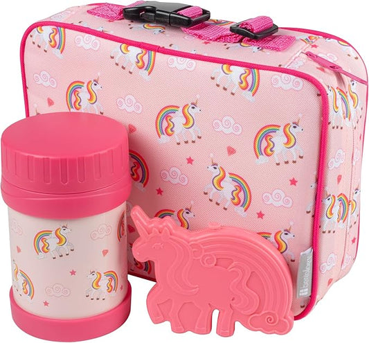 Bentology Kids Lunch Bag Set w Matching Reusable Food Jar & Hard Ice Pack- Unicorn- Insulated Tote, Stainless Steel thermos & Freezer Pack to Keeps Food Fresh for Hours- Back to School Lunch Box Kits