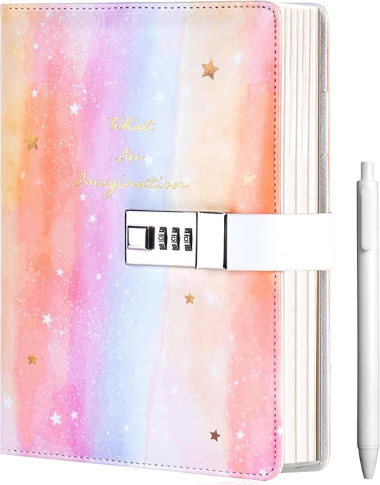 CAGIE Diary with Lock for Girls Age 8 9 10 11 12, Light Rainbow Journal with Lock for Teens Girl Birthday Gifts, 5.7 x 8.5 Inch Kids Journal with Pen 192 Pages journaing Notebook