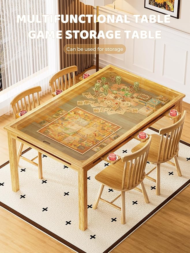 Board Gaming Table with Removable Top - 57×33 inch Solid Wood Panel for Board Games, Play Mat & Detachable Cup Holders, Dice Trays for 4-6 People, Convertible Poker & Card Table