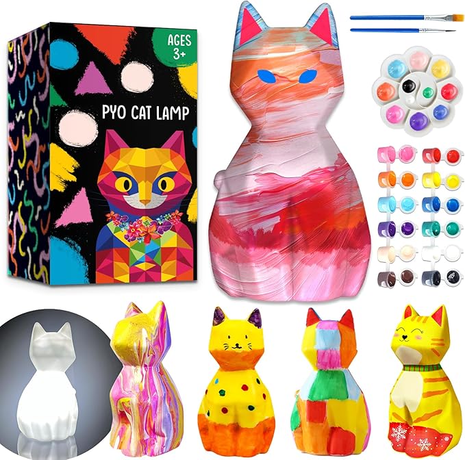 FUNZBO Paint Your Own Cat Lamp Kit - Arts and Crafts Supplies, Toys for Ages 8-13, Crafts for Girls 8-12, Painting Kits for Kids Teens Adults, DIY Toy for Toddler 3 4 5 6 7 9 10 11 + Birthday Gifts