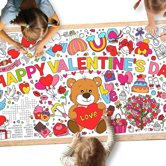Valentine's Day Activity Poster - 31.5 x 72 Inches, Valentine-Themed Happy Party Banner/Table Cover for School Parties and Special Events Decoration