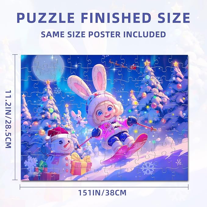 Nattork Jigsaw Puzzles 100 Pieces for Kids Youth Skiing Bunny - Pieces Fit Together Perfectly