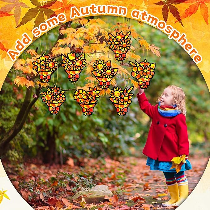 32 Sets Fall Bouquet Suncatchers Craft Kit DIY Window Stained Glass Effect Autumn Bouquet Paper Crafts Home School Classroom Decoration Kid Birthday Gift Creative Art Project Activity Game