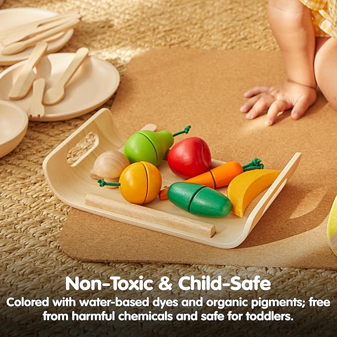 PlanToys Wooden Assorted Fruit and Vegetable Food Set (3416) | Sustainably Made from Rubberwood and Non-Toxic Paints and Dyes