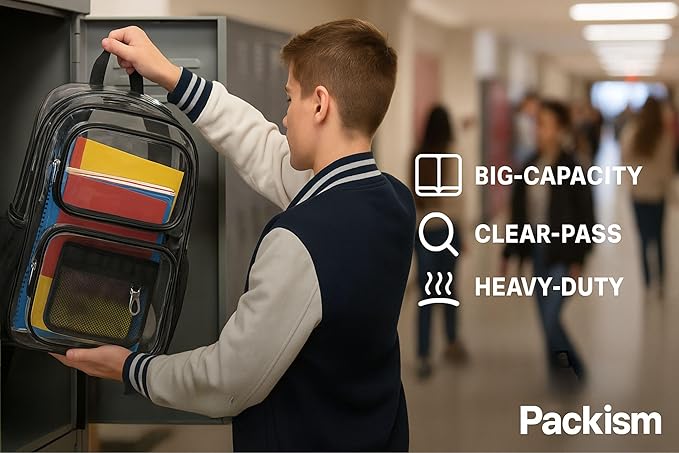 PACKISM Clear Backpack for School - 17 inch Large Heavy Duty Clear Bookbag, See Through PVC Backpacks (for age 12 above)