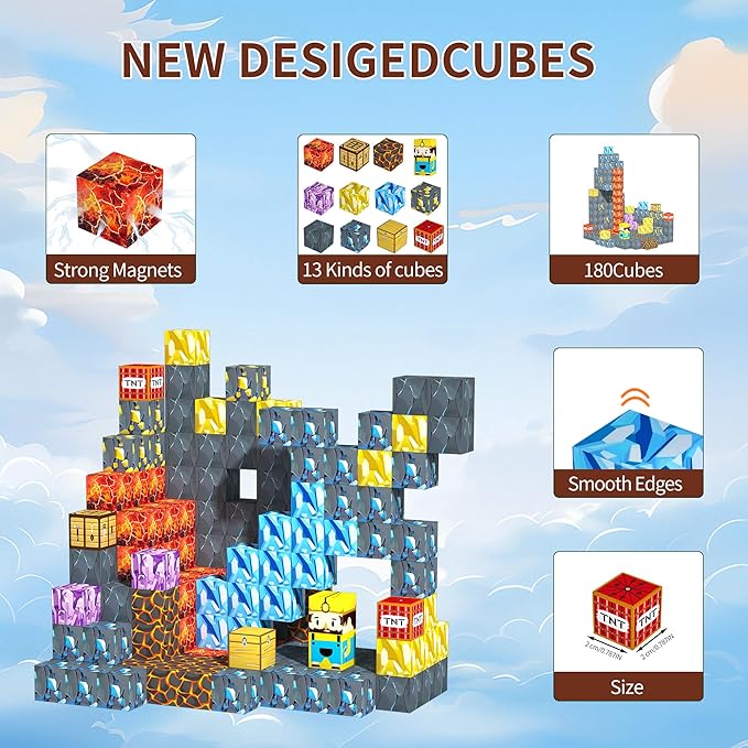 180PCS Magnetic Blocks, Magnetic Building Blocks for Kids, STEM Constructions Toy Magnet Building Sets for Boys Girls Age 4-8, Sensory Stacking Toy Christmas Birthday Gifts for Kids, 0.8" Size