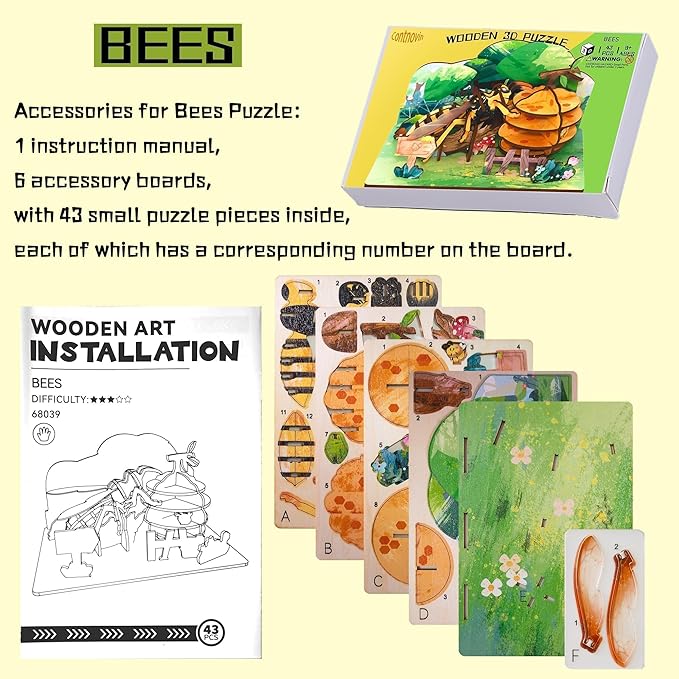 3D Wooden Puzzle for Adults, Teens and Kids - Contnovin 3D Bees Puzzle,43 Pieces DIY Model Building Kit, Creative Craft Decor, Relaxing Desktop Ornament, Unique Gift for Birthday and Christmas