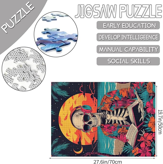 Tucocoo Skeleton Headphones Head Jigsaw Puzzle 1000 Pieces Puzzles for Adults, Reading a Book Beach Chic Style Flowers Art Puzzles for Challenging Family Activity Games DIY Puzzle for Home Decor Gift