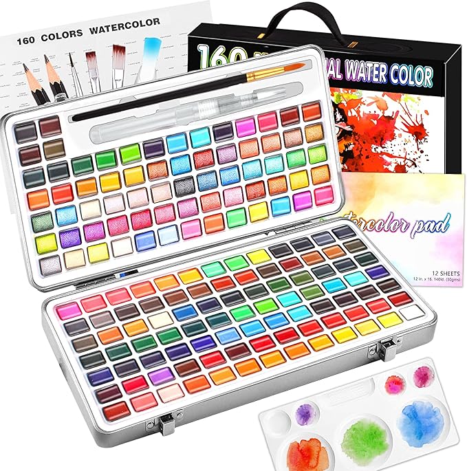 Gunsamg Watercolor Paint Set, 160 Vibrant Colors in Portable Travel Box with Palette, Perfect Watercolor Kit for Artists, Beginners, Adults - Non-Toxic Art Supplies Gift