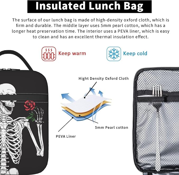 Halloween Skeleton Funny Skull Reusable Lunch Box Food Bag Insulated Lunch Bag for Teenage Boys Girls School Beach