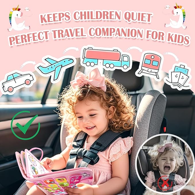 Toddler Busy Board Montessori Toys for Girl Birthday Gift,Educational Learning Sensory Busy Book, Airplane Car Travel Activities Toy for Girl(Pink)