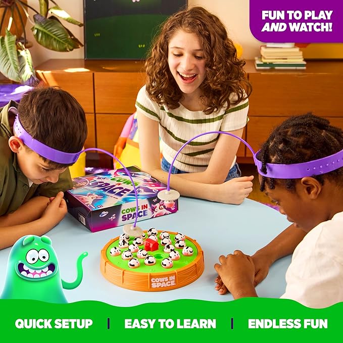 WHAT DO YOU MEME? Cows in Space by Relatable – A Kid-Friendly Pick for 2 Player Kids Games, and Fun Games – Includes 2 UFO Headbands, 1 Electronic Spinning Base, 21 Cows, and Instructions