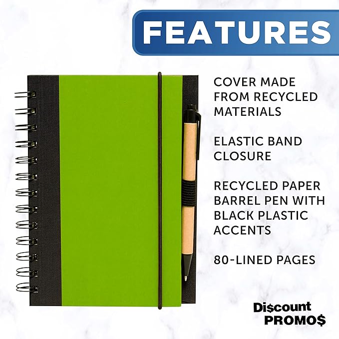 DISCOUNT PROMOS Eco Block Notebooks with Pens Set of 10, Bulk Pack - Perfect for School, Office, Business, Home - Lime Green