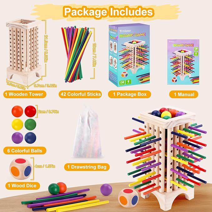 Montessori Wooden Board Games for Kids 42 Colorful Stacking Wooden Sticks Dice Game Fine Motor Skills Montessori Toys for 3 4 5 6 Year Old Girl Boy Educational Learning Gift Ages 4-8