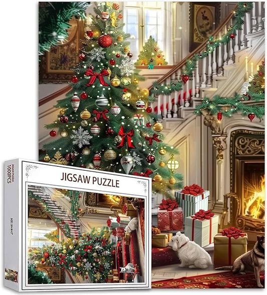 Christmas Scenery 1000 Piece Jigsaw Puzzles for Adults Happy New Year Painting Jigsaw Puzzle Chritsmas Tree,Dog 1000 Pieces Puzzles for Challenging Family Activity Game Art Wall Decor DIY Puzzle Gift