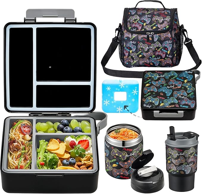 Bento Lunch Box for Kids with 17oz Soup Thermo,Insulated Tumbler Water Bottle and Insulated Lunch Bag,Leak-Proof 3 Compartment Lunch Food Container with with Ice Pack for Kids to School-Game Console
