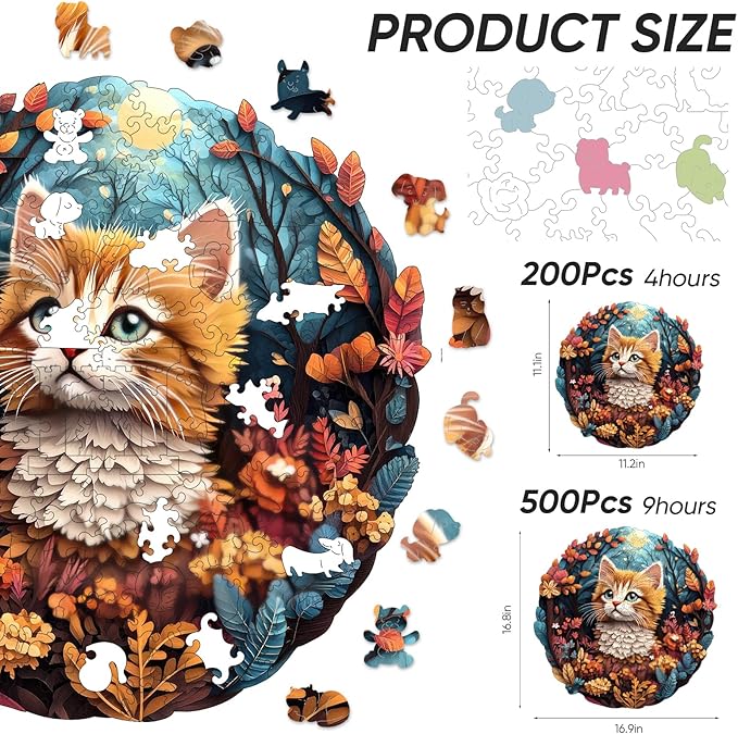 Wooden Puzzles for Mom - 3D Vision Effect Flower and Cat Wooden Puzzle 200 Pcs Unique Shape Advanced Jigsaw Puzzle, Wood Puzzles, Challenge Jigsaw Puzzle(11.2 x 11.2 in)