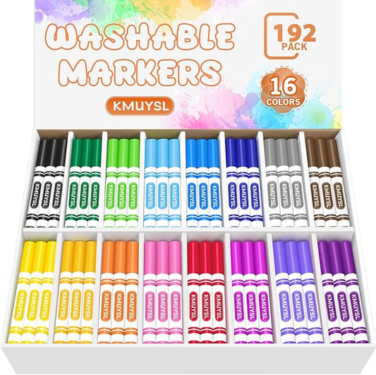 KMUYSL Washable Markers Bulk, Assorted Colors - Broad Line Conical Tip Coloring Markers for Kids, School Art Supplies & Back to School Supplies, Teacher Classroom Must Haves (16 Colors, 192 Pcs)