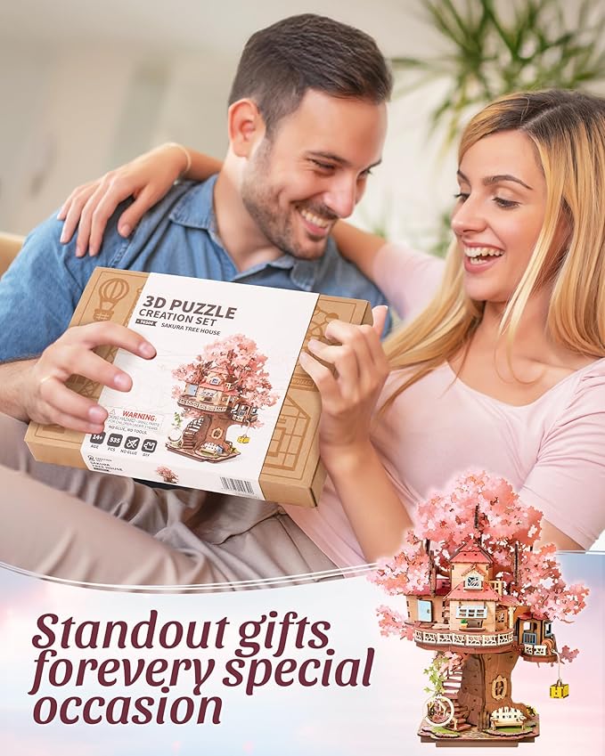 ROBOTIME DIY Miniature House Kits for Adults, 3D Wooden Puzzles for Teenager, Japanese Cherry Blossom Tree Sakura Bonsai Plants for Birthday Gifts and Hobbies (Sakura Tree House)