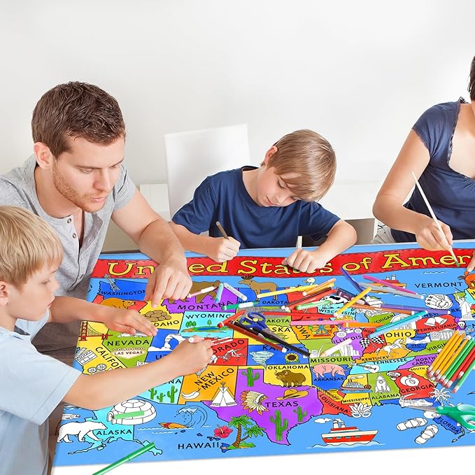 Gatherfun USA Coloring Activity - Large 31.5x 72 Educational Poster - Ideal for School Events & Birthday Parties, Multi-Use as Classroom Wall Décor or Table Cover