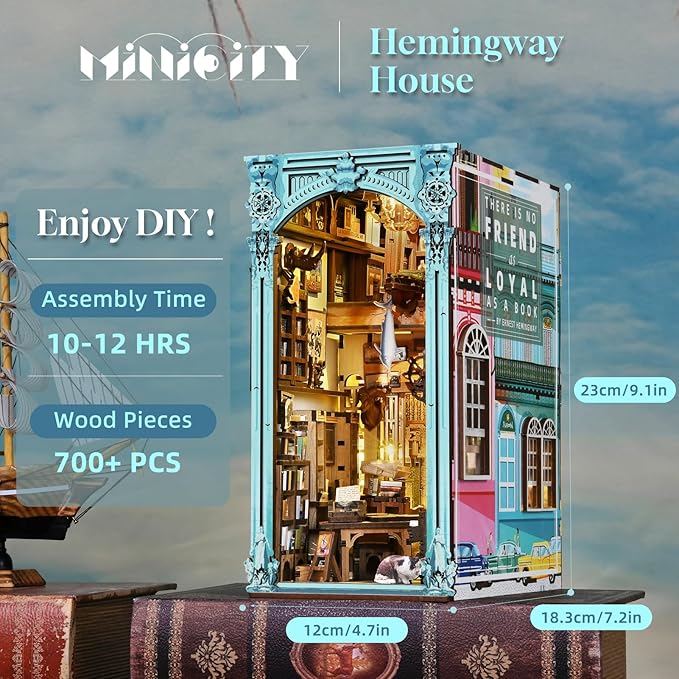 MiniCity DIY Book Nook Kit for Adults, 3D Wooden Puzzle Bookend Bookshelf Insert Decor with LED Light and Dust Cover (Hemingway House)