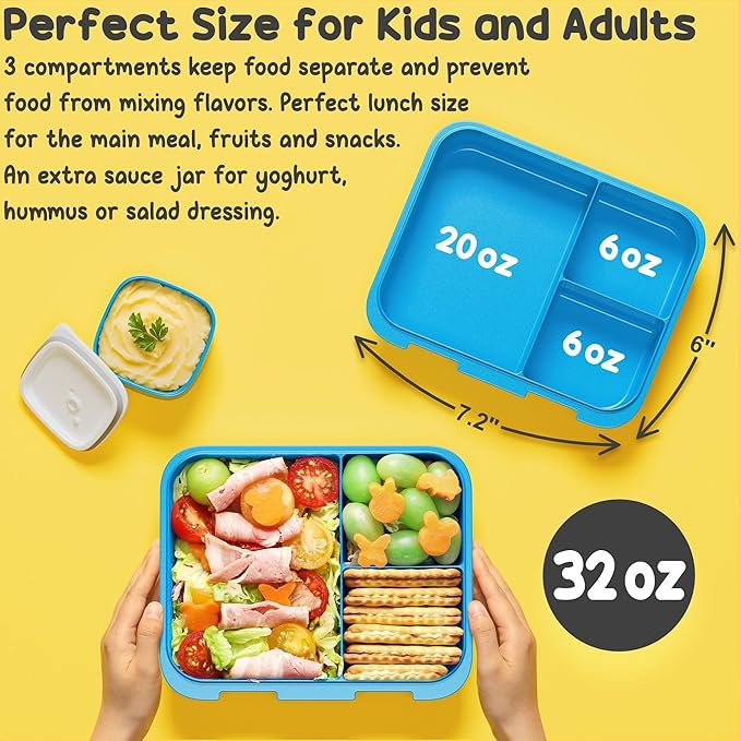 Fimibuke Bento Lunch Box for Kids with Thermos, 3-Compartment 32OZ Snack Lunch Container, Lunch Bag, 12OZ Insulated Food Jar & Ice Pack Set for Age 3-12 School Daycare Toddler Teen Girls Boys, Trucks