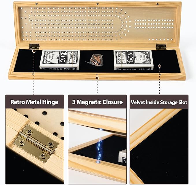 Cribbage Board Game Set, 3-Track Premium Wooden Cribbage Board with Magnetic Lock & Large Storage, 9 Metal Pegs, 2 Decks of Playing Cards - Classic Board Games for Adults Family (Instruction Include)