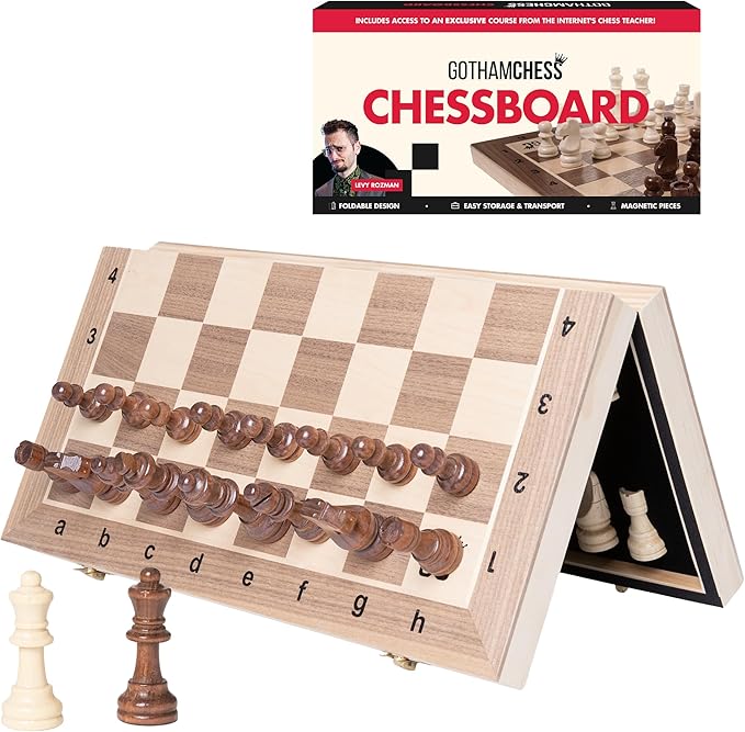 GothamChess Board | Foldable & Portable, Magnetic Chess Pieces, Organized Fitted Storage, Includes Course by International Master Levy Rozman, Game for Kids, Teens, Families & Adults | 15.75" x 15.75"