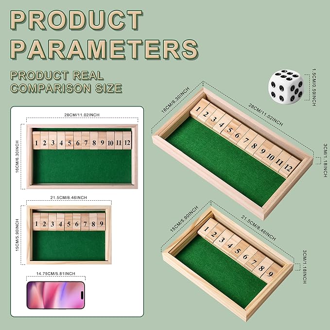 Shut The Box dice Game,Wooden Board Games 2-Person Competitive, Traditional bar, Travel, Family, Fun Math(Large Size)