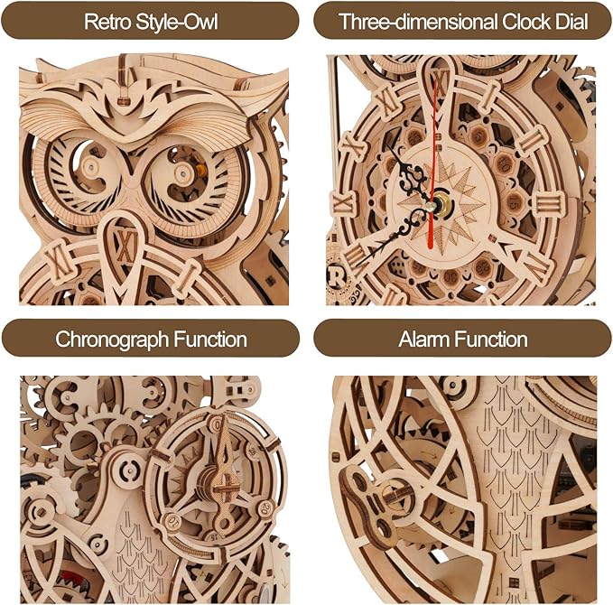 ROKR 3D Wooden Puzzle for Adults Owl Clock Model Kit Desk Clock Home Decor Unique Gift for Kids on Birthday/Christmas Day
