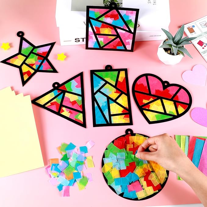 Qyeahkj 36 Set Geometric Shapes Suncatcher Crafts for Kids DIY Star Window Tissue Paper Craft Kit Triangle Heart Hanging Decor for Summer School Home Activity Art Project Birthday Party Favor Gift